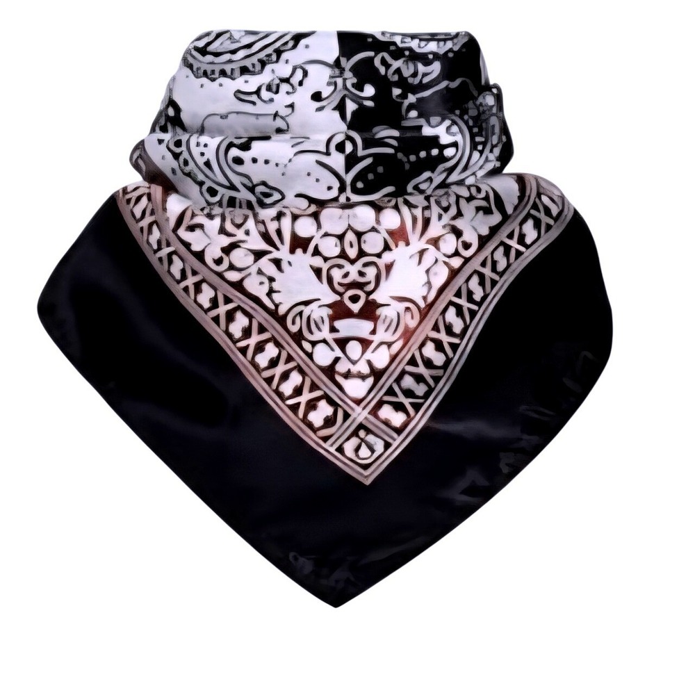 Paisley Bandana Scarf Women Square Neck Head Silk Feeling Black White